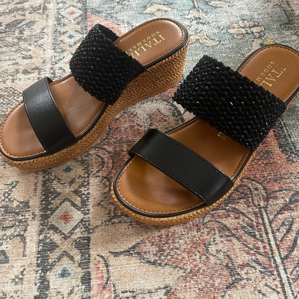 Italian Shoemakers Black and Tan Wedge Sandals